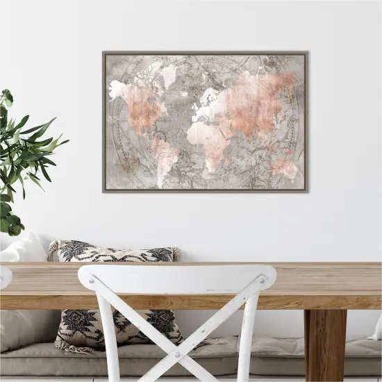 Celestial World Map (Pink) by Isabelle Z 23-in. W x 16-in. H. Canvas Wall Art Print Framed in Grey {5}