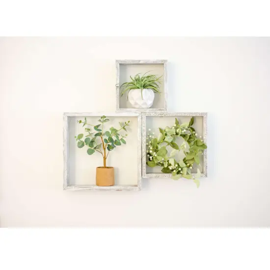 Rustic Farmhouse Reclaimed Wooden Open Square Wall Shelves (Set of 3) White {3}