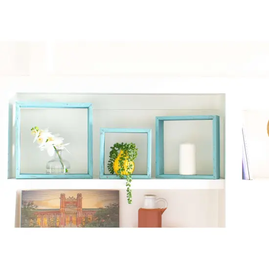 Rustic Farmhouse Reclaimed Wooden Open Square Wall Shelves (Set of 3) Blue {4}