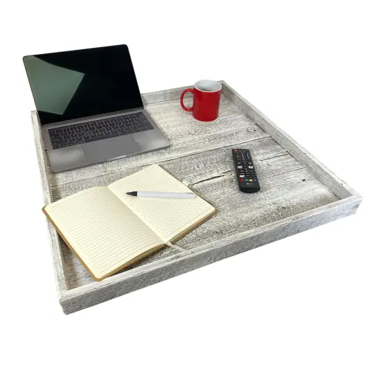 Rustic Farmhouse Reclaimed Wooden Ottoman Orangizing Serving Tray White {2}