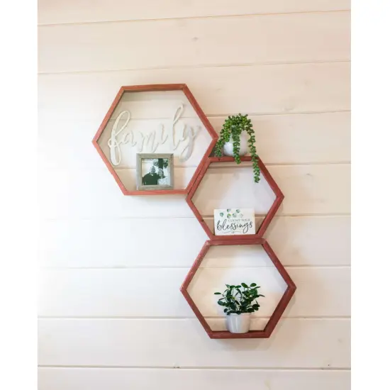 Rustic Farmhouse Floating Reclaimed Wood Hexagon Shelves (Set of 3) Red {5}