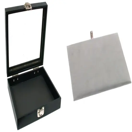 Black Sqaure Glass-top Case (Single Metal Latch) w/ Gray Leather Pad Insert {1}