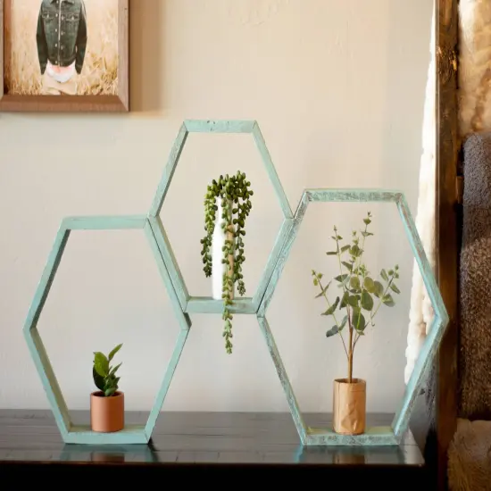 Rustic Farmhouse Floating Reclaimed Wood Hexagon Shelves (Set of 3) Blue {2}