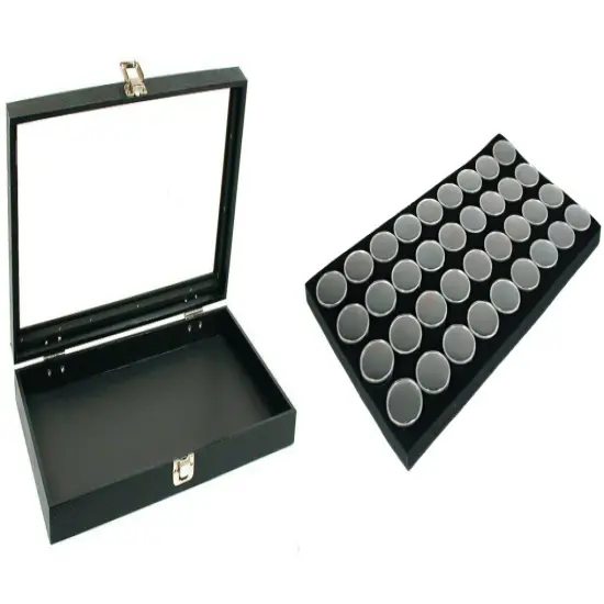 Blck Glass Top Jewelry Case (Single metal clasp) w/ Black Foam 24 Gem Jar Insert {1}