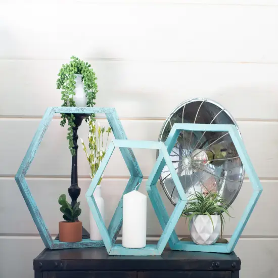 Rustic Farmhouse Floating Reclaimed Wood Hexagon Shelves (Set of 3) Blue {5}