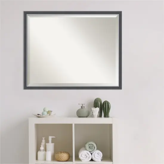 Beveled Bathroom Wall Mirror, Eva Black Silver Thin Frame {6}