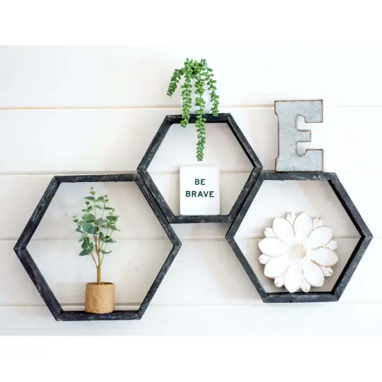 Rustic Farmhouse Floating Reclaimed Wood Hexagon Shelves (Set of 3) Black {3}