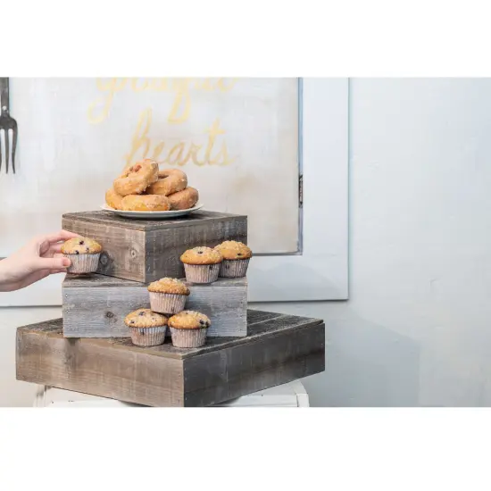 Rustic Farmhouse Reclaimed Wood Dessert/Cake Stand 3-Piece Set Grey {2}