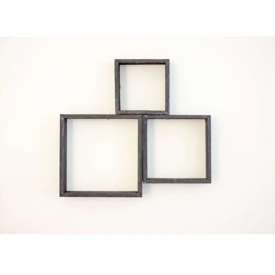 Rustic Farmhouse Reclaimed Wooden Open Square Wall Shelves (Set of 3) Black {1}