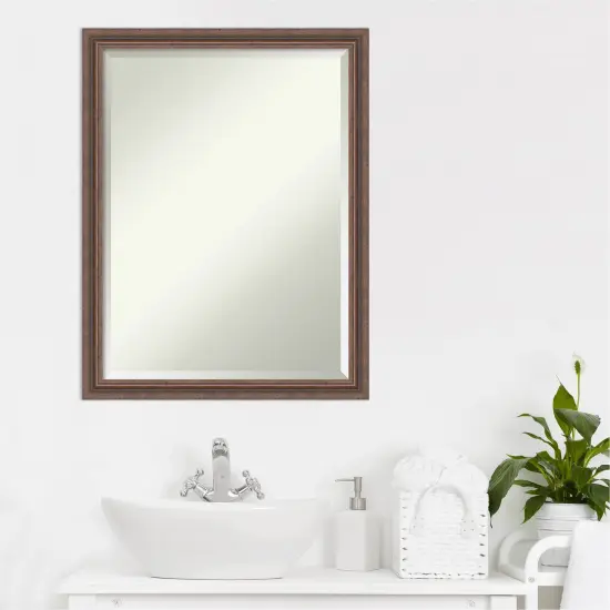 Beveled Wood Bathroom Wall Mirror, Distressed Rustic Brown Frame {5}
