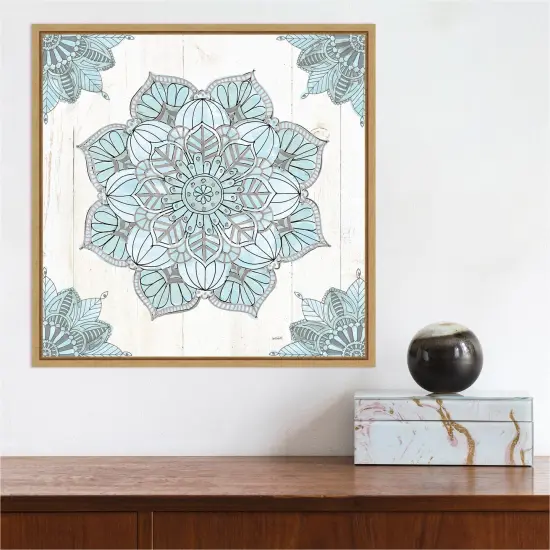 Mandala Morning V Blue and Gray by Anne Tavoletti 16-in. W x 16-in. H. Canvas Wall Art Print Framed in Natural {5}