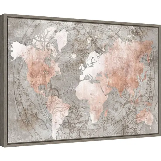 Celestial World Map (Pink) by Isabelle Z 23-in. W x 16-in. H. Canvas Wall Art Print Framed in Grey {2}