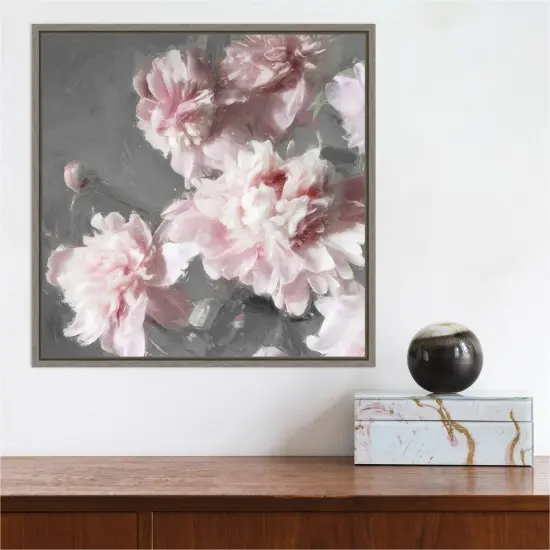 Pink Peonies on Gray II by Shawna Sullivan 16-in. W x 16-in. H. Canvas Wall Art Print Framed in Grey {5}
