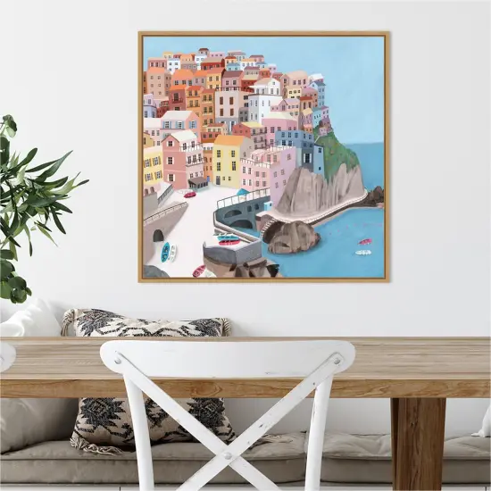 Manarola Italy by Carla Daly 22-in. W x 22-in. H. Canvas Wall Art Print Framed in Natural {5}