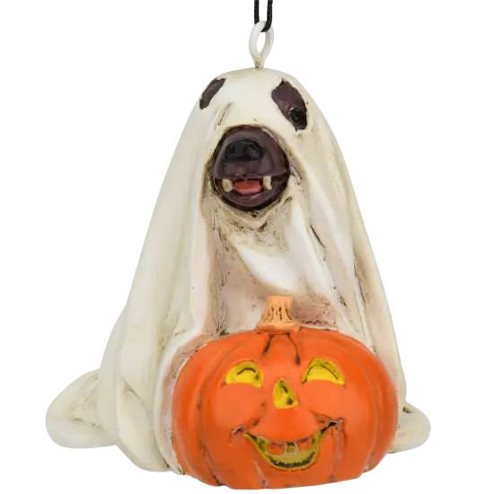 Cute Dog Dressed As Ghost with Pumpkin Halloween Ornament {3}