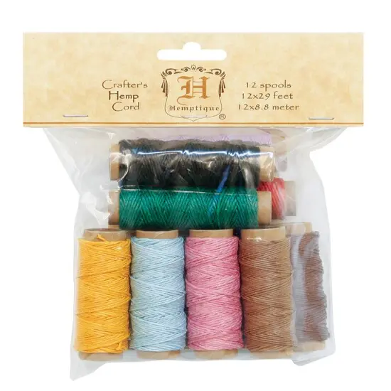 Hemptique HEMP CORD 12-PACK MINI SPOOL BAGS Eco Friendly Sustainable Naturally Grown Jewelry Bracelet Making Paper Crafting Scrapbooking Bookbinding Mixed Media Crocheting Macrame Seasonal Holiday Gift Wrapping Outdoor Gardening {1}