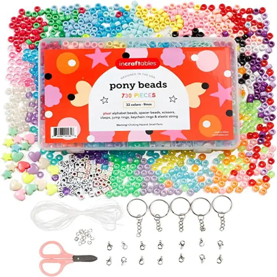 Incraftables Pony Beads for Bracelets Making 9mm (32 colors). Large Rainbow Pony Bead Bulk Kit for DIY Jewelry & Hair Craft. Plastic Kandi Bead Set (730pcs) w/ Alphabet Letter, Small Colorful Spacers {1}