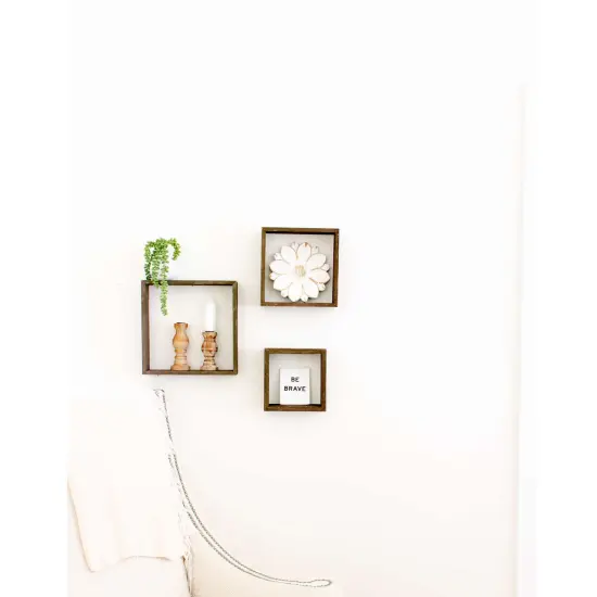 Rustic Farmhouse Reclaimed Wooden Open Square Wall Shelves (Set of 3) Brown {3}