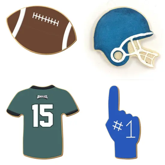 CookieCutter.com 4 Piece Football Cookie Cutter Set Helmet, Football, Sports Jersey T Shirt, Foam Finger, Metal Shapes Made in USA, Silver {3}