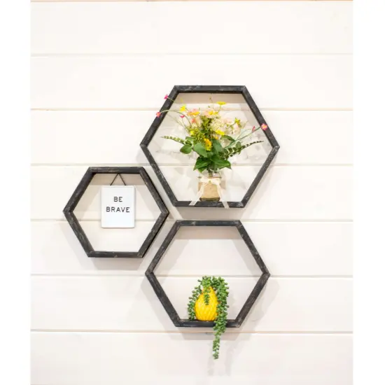 Rustic Farmhouse Floating Reclaimed Wood Hexagon Shelves (Set of 3) Black {5}