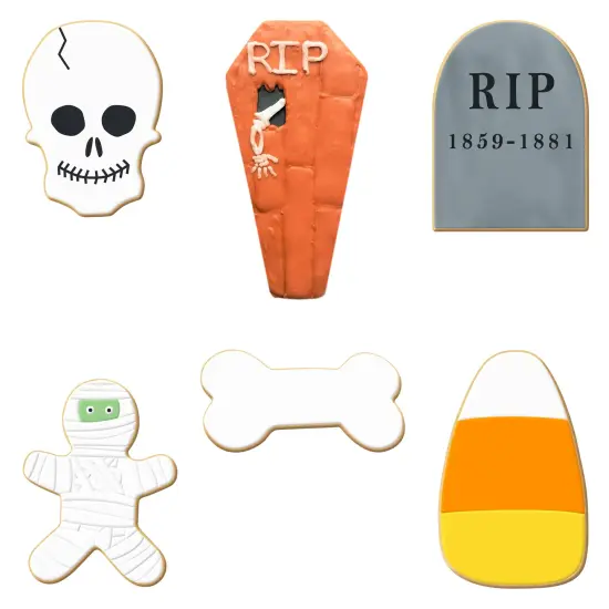 CookieCutter.com 6 Piece Halloween Spooky Graveyard Cookie Cutter Set Tombstone, Coffin, Skull, Candy Corn, Dog Bone, Skeleton, Metal Shapes Made in USA, Silver {3}
