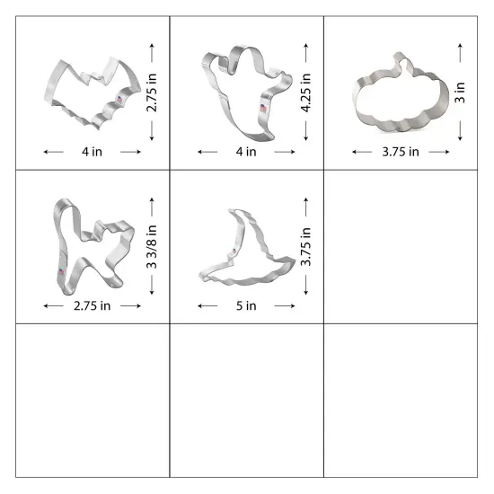 CookieCutter.com 5 Piece Halloween Cookie Cutter Set Scary Cat, Ghost, Flat Pumpkin, Witch Hat, Bat, Metal Shapes Made in USA, Silver {2}