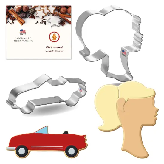 CookieCutter.com 2 Piece Doll Head Convertible Cookie Cutter Set Doll Head, Convertible Car, Metal Shapes Made in USA, Silver {1}
