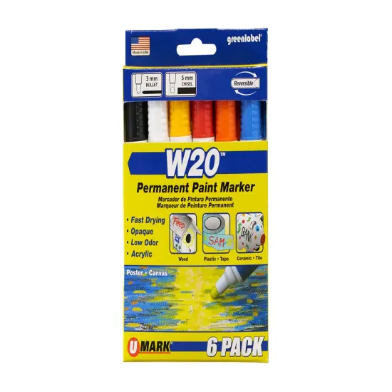 U-Mark W20 Permanent Paint Marker 6 Pack Box - 1 ea. Black, Red, Blue, White, Yellow and Orange {1}