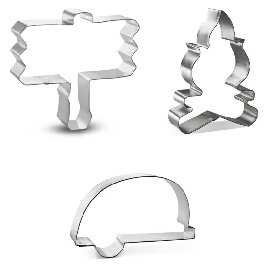 CookieCutter.com 3 Piece Summer Fall Camping Cookie Cutter Set Camper Glamper, Wooden Sign, Campfire, Metal Shapes Made in USA, Silver {4}