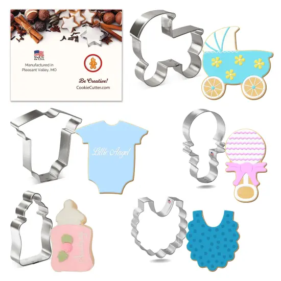 CookieCutter.com 5 Piece Baby Shower Cookie Cutter Set Carriage, Chunky Bottle, Bodysuit, Bib, Rattle, USA {1}