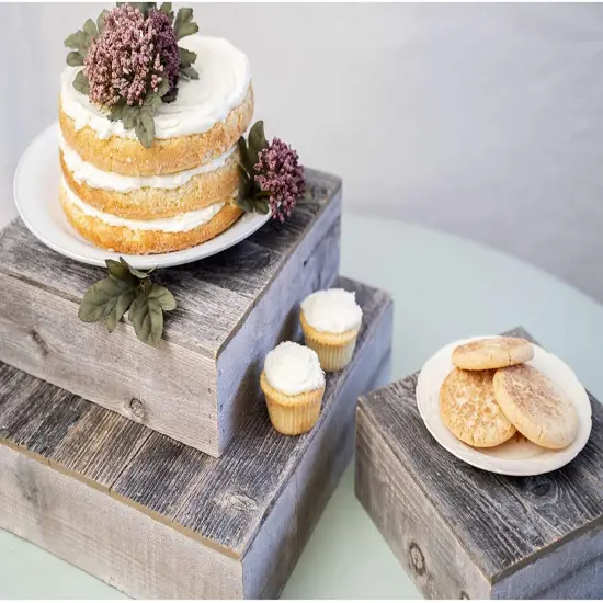 Rustic Farmhouse Reclaimed Wood Dessert/Cake Stand 3-Piece Set Grey {5}