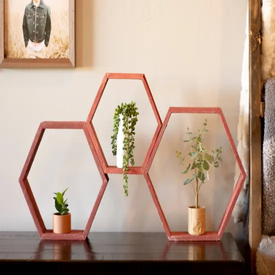 Rustic Farmhouse Floating Reclaimed Wood Hexagon Shelves (Set of 3) Red {3}