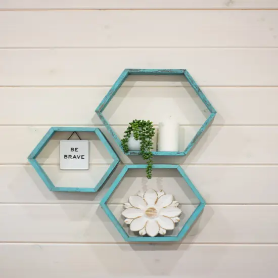 Rustic Farmhouse Floating Reclaimed Wood Hexagon Shelves (Set of 3) Blue {4}