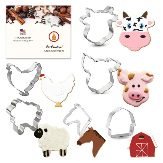 CookieCutter.com 6 Piece Farm Barnyard Cookie Cutter Set Fluffy Sheep, Chicken, Horse Head, Barn, Cow Face, Pig Face, Metal Shapes Made in USA, Silver {1}