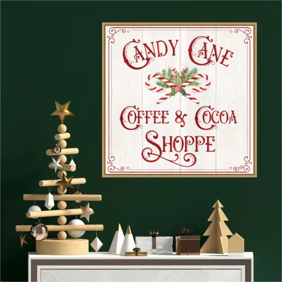 Vintage Christmas Signs I-Candy Cane Coffee by Tara Reed 22-in. W x 22-in. H. Canvas Wall Art Print Framed in Natural {4}