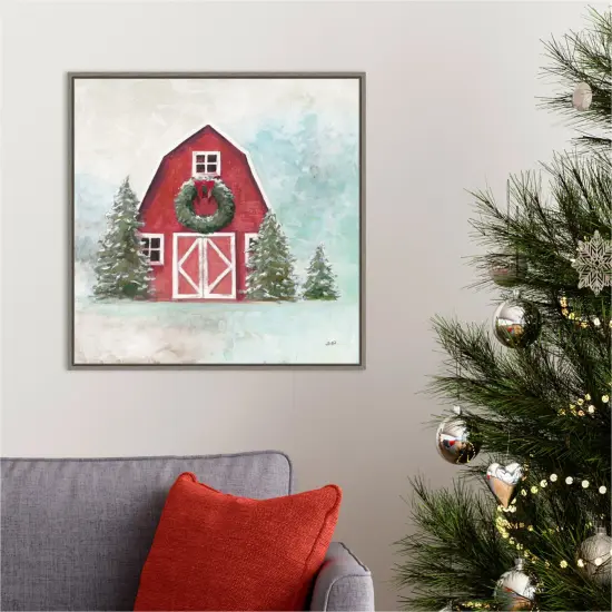 December Barn Blue Sky by Julia Purinton 22-in. W x 22-in. H. Canvas Wall Art Print Framed in Grey {5}