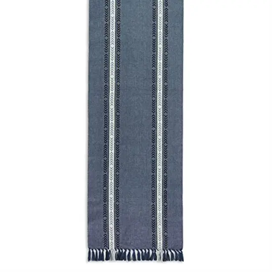 DII French Blue Dobby Striped Fringe Ribbed Table Runner 14x72 {2}