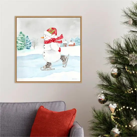 Let it Snow Blue Snowman V by Cynthia Coulter 22-in. W x 22-in. H. Canvas Wall Art Print Framed in Natural {5}