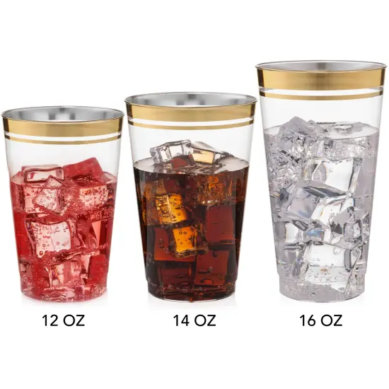 100 Pk 16 oz Clear Plastic Cups | Gold Rimmed Disposable Cups {6}