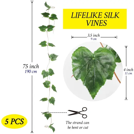 Grand Verde Artificial Vines Silk Leaves Hanging Ivy Greenery Faux Grapevine Garland Decoration Green Plants DIY Wreath Craft, 5 Strands Bulk {2}