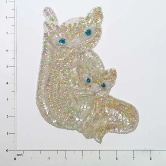 8" x 6" Cat With Kitten Sequin Applique/Patch Crystal AB {1}
