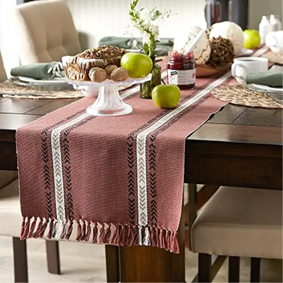 DII Clay Dobby Striped Fringe Ribbed Table Runner 14x108 {4}