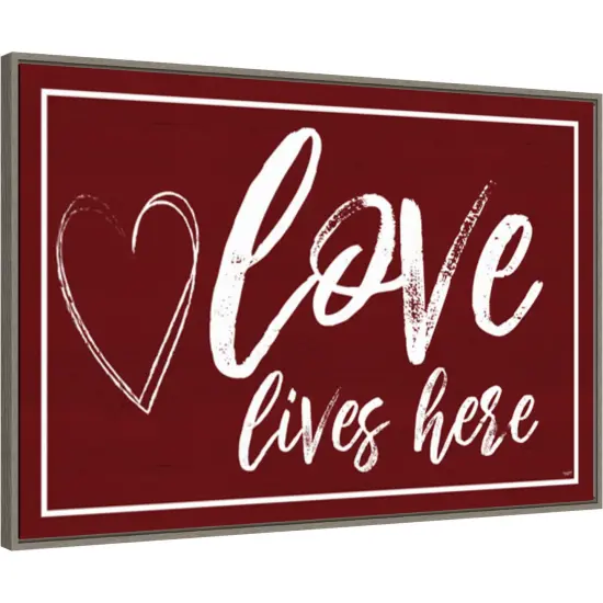 Valentines Sentiment V Love Lives Here by Tara Reed 33-in. W x 23-in. H. Canvas Wall Art Print Framed in Grey {1}