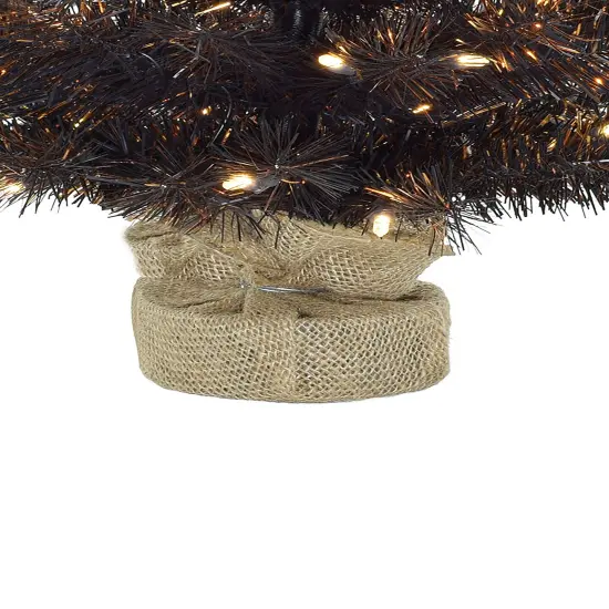 Perfect Holiday 24" Pre-Lit Tabletop Matte Black Gold Tinsel Halloween Tree With Burlap Base {3}