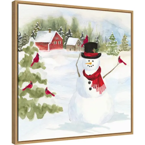 Snowman Christmas IV by Tara Reed 22-in. W x 22-in. H. Canvas Wall Art Print Framed in Natural {1}