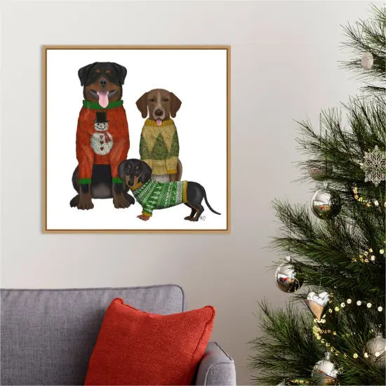 Christmas Dogs Ugly Sweater Competition by Fab Funky 22-in. W x 22-in. H. Canvas Wall Art Print Framed in Natural {5}