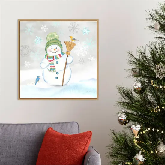 Let it Snow Blue Snowman IV by Cynthia Coulter 22-in. W x 22-in. H. Canvas Wall Art Print Framed in Natural {5}