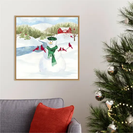 Snowman Christmas II by Tara Reed 22-in. W x 22-in. H. Canvas Wall Art Print Framed in Natural {5}