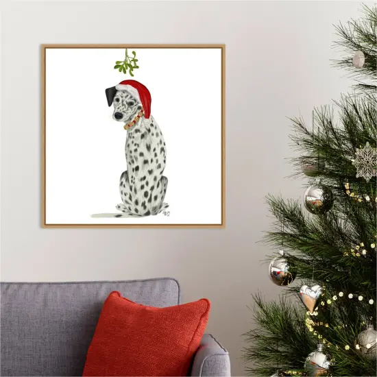 Christmas Dogs Dalmatian Mistletoe by Fab Funky 22-in. W x 22-in. H. Canvas Wall Art Print Framed in Natural {5}