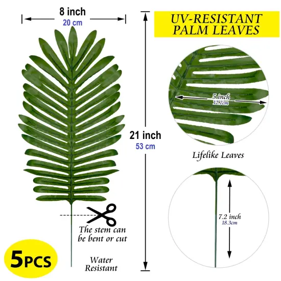 Artificial Palm Leaves 21&rdquo; Long Stems Tropical Hawaiian Greenery Decor Faux Tree Branches Plants Home Indoor Outdoor Luau Party Decoration, 5pcs {2}